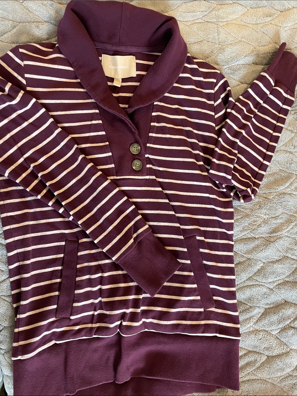 Banana Republic Shawl Collar Striped Pullover - Burgundy & Cream